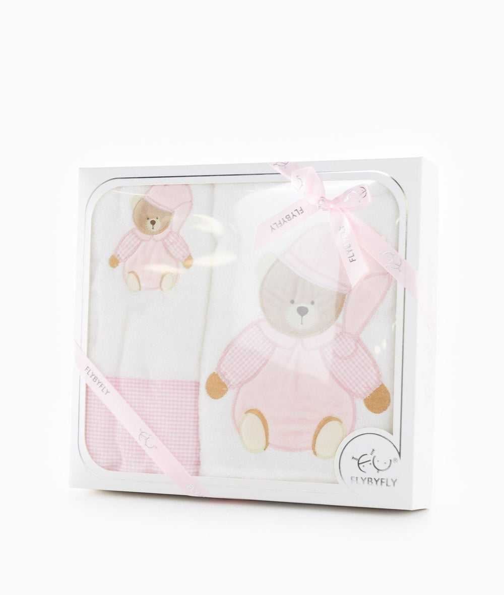 FLYBYFLY gift box set of white and pink teddy bear baby towels