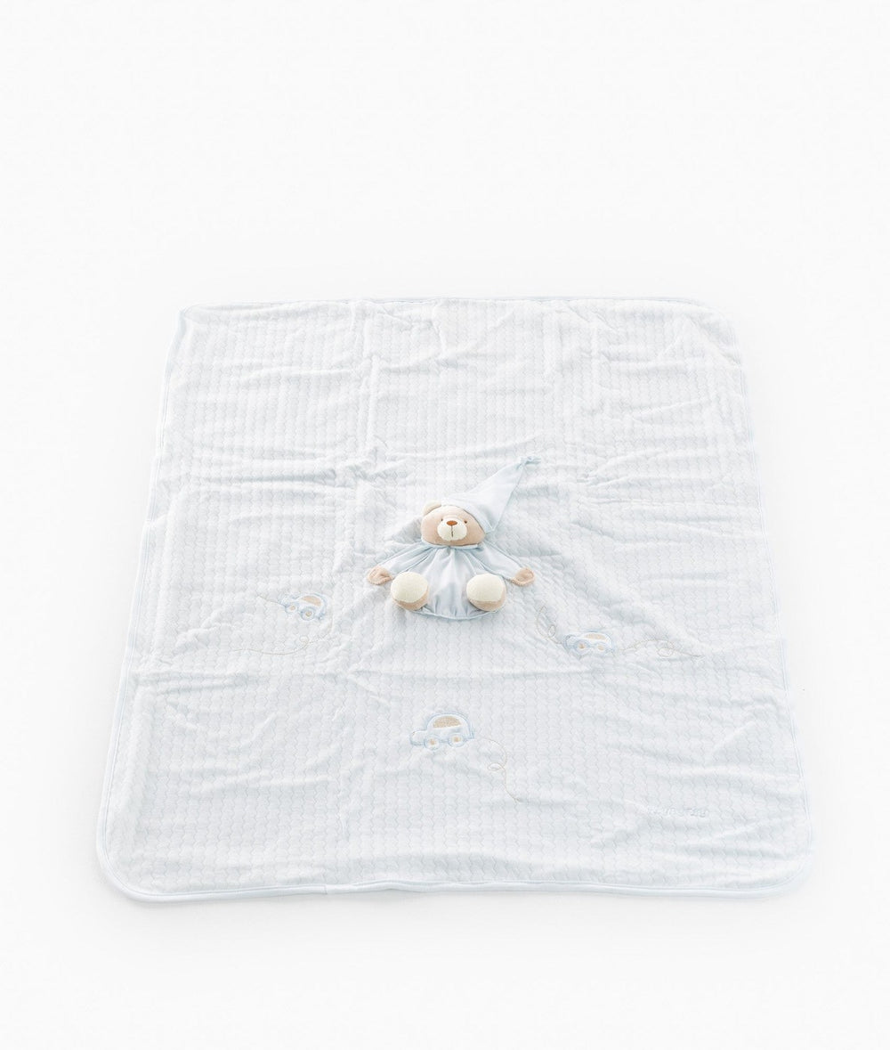 Unfolded square blue baby blanket with bear and embroidered car patterns
