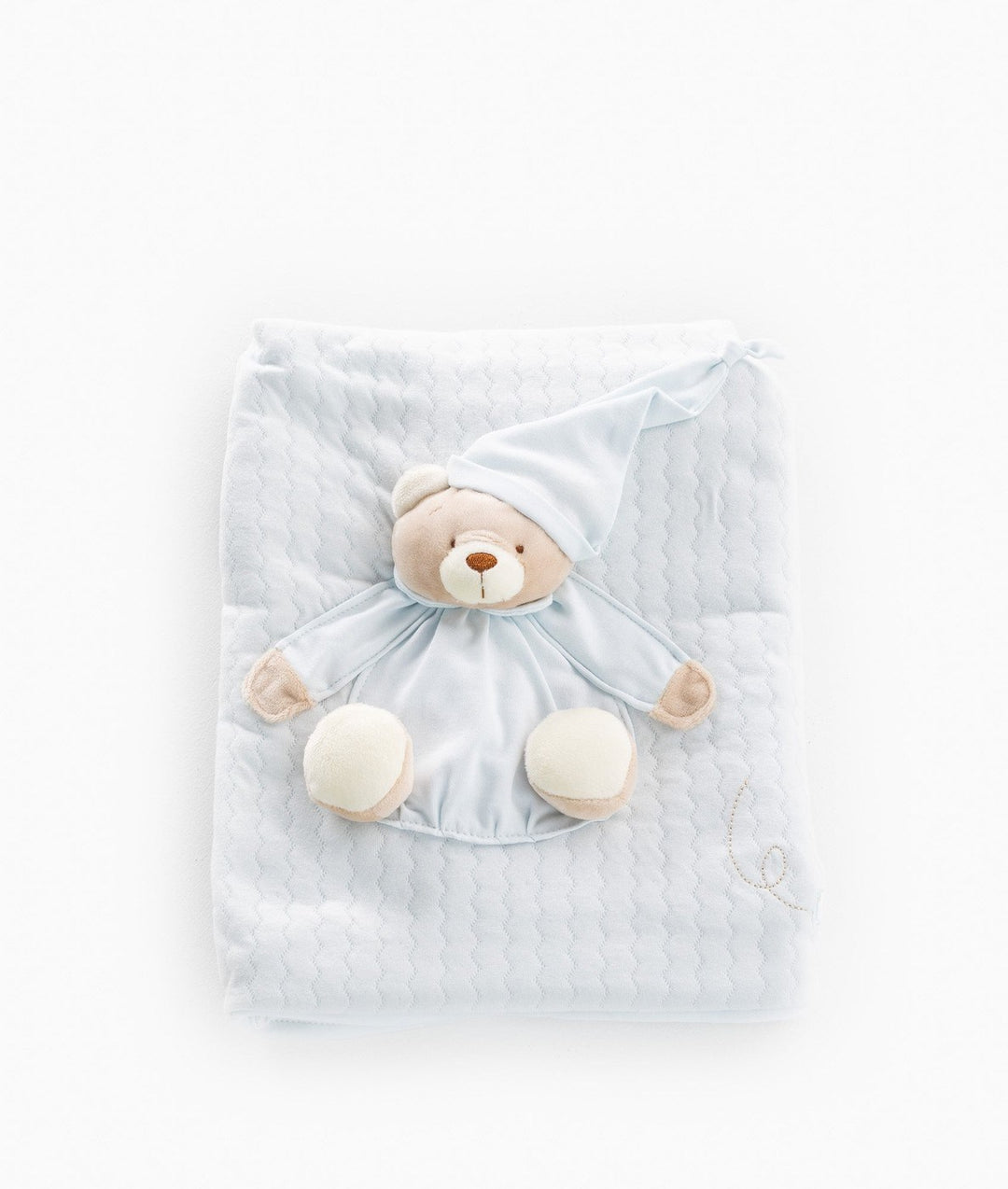 Light blue 3D baby blanket with plush bear applique and honeycomb texture