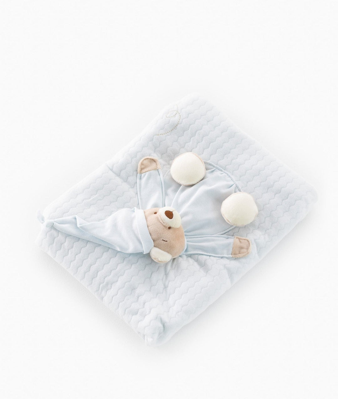 Pale blue cotton baby blanket showing waffle weave and teddy bear detail