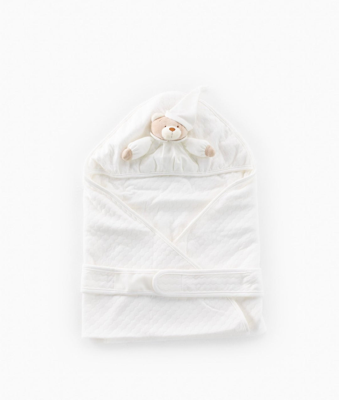 White hooded cotton swaddle wrap with 3D bear face and velcro closure