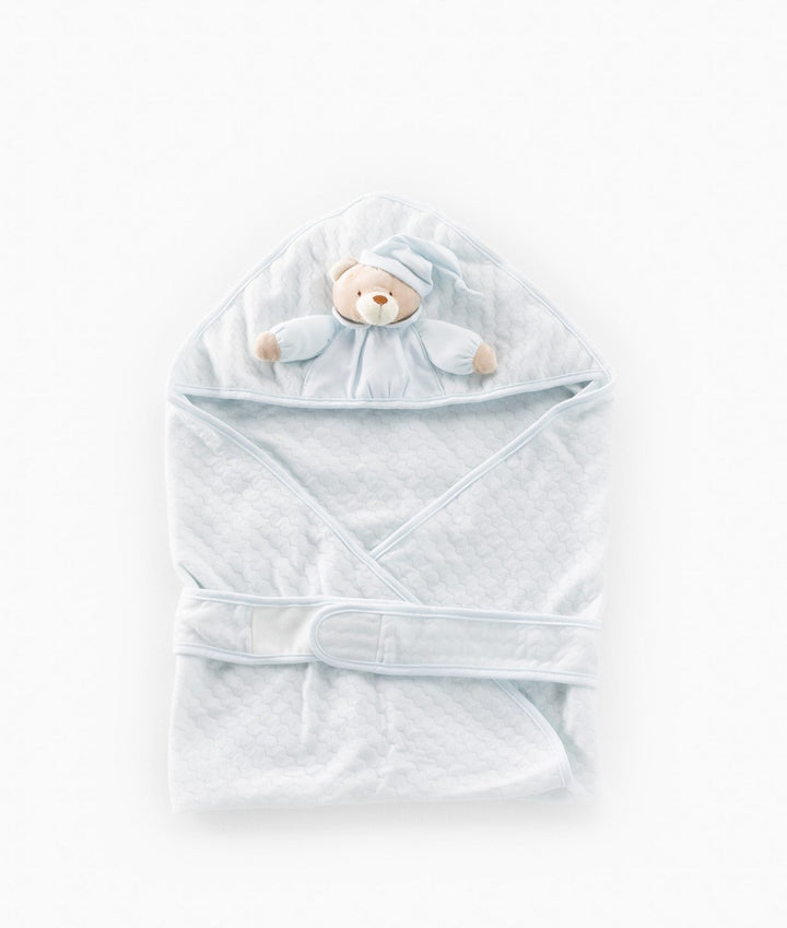 Light blue hooded baby swaddle wrap with 3D teddy bear detail and front closure strap