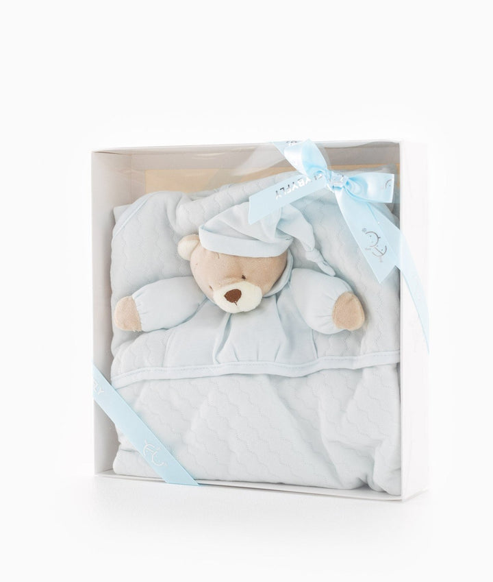 Light blue 3D baby swaddle blanket in retail packaging with plush bear applique and branded ribbon