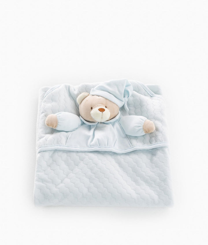 Top-down flat lay of folded light blue 3D baby swaddle with central plush bear character