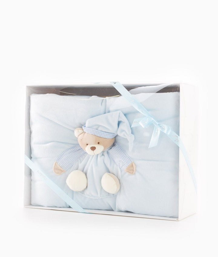 Light blue bassinet bedding set in gift box with ribbon and teddy bear charm