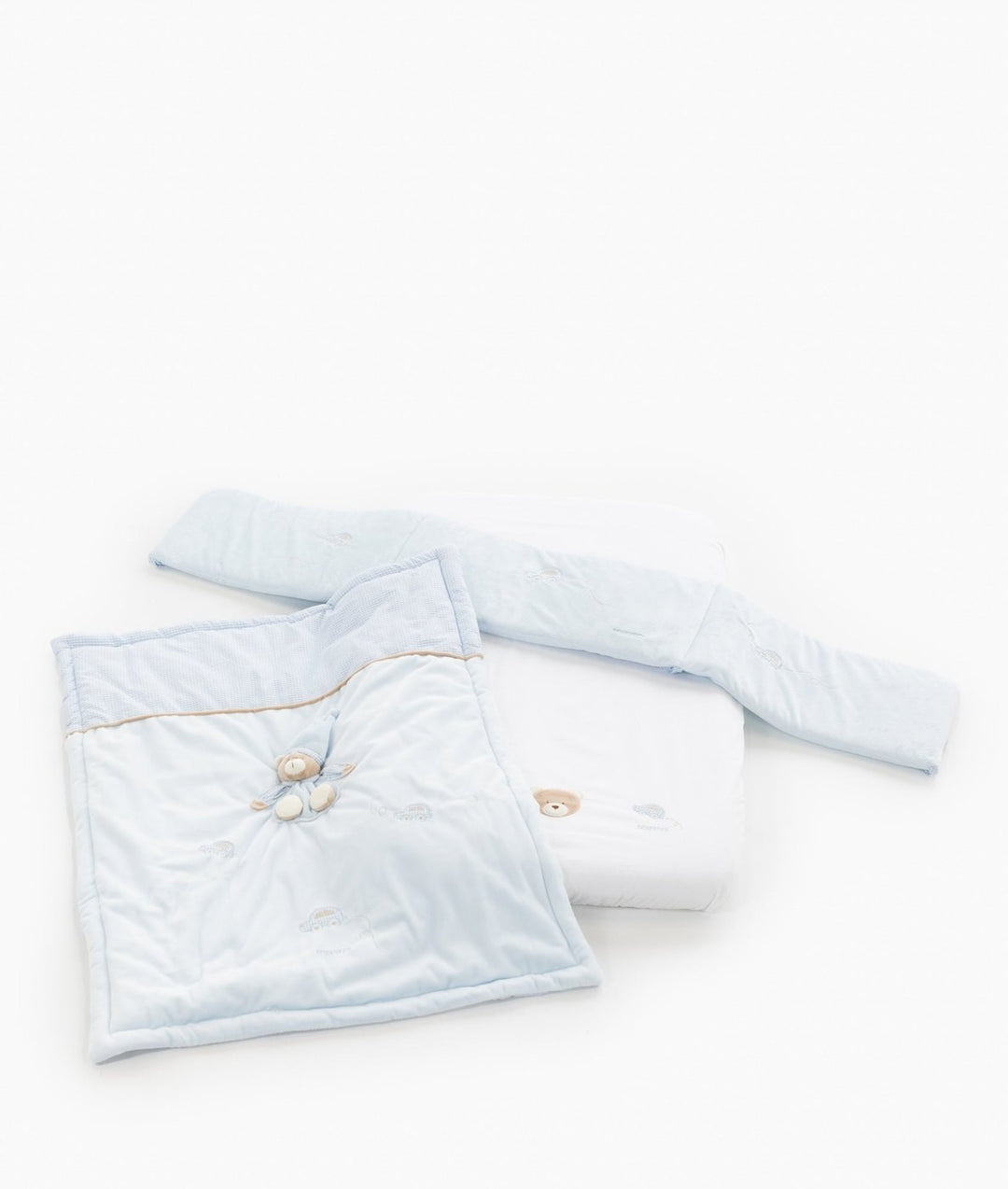 3-piece light blue bassinet bedding set with quilted blanket, bumper, and sheet