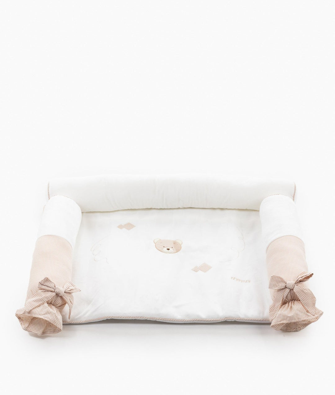 Beige and white gingham change mat set with embroidered bear face and plush bolsters