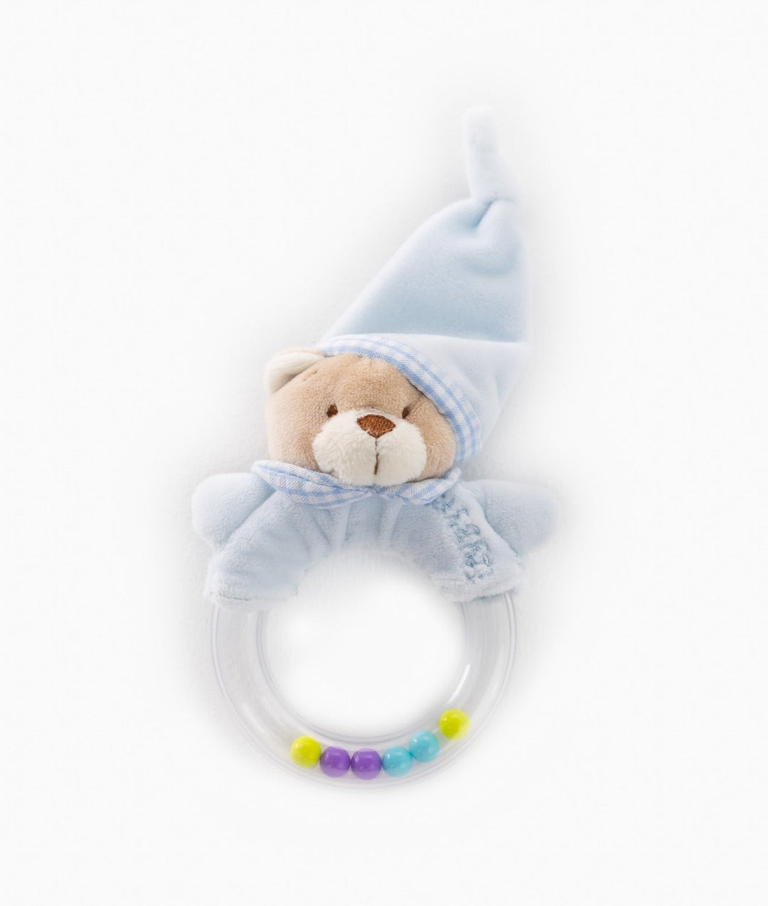 Front view of blue bear activity toy with embroidered face