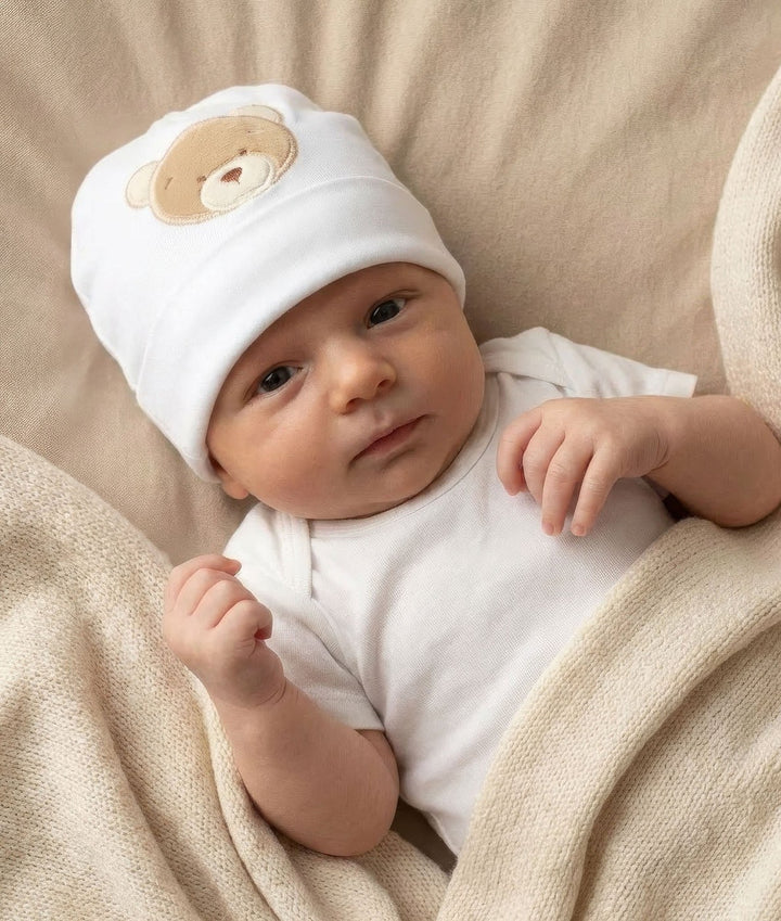 Baby Cotton Beanie | Beige & White