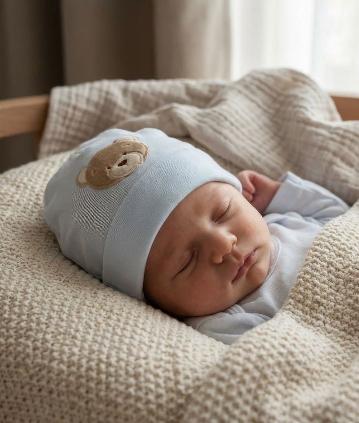 sleeping newborn wearing light blue cotton beanie with brown teddy bear patch on cream knit blanket