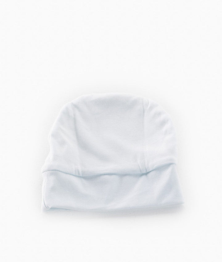 back view of plain light blue baby beanie showing smooth seamless interior and folded ribbed cuff