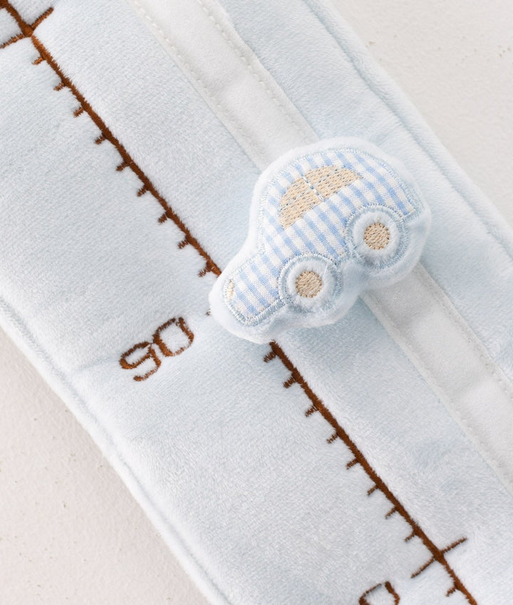 Detail of light blue growth chart with number 90 and gingham pattern fabric car applique