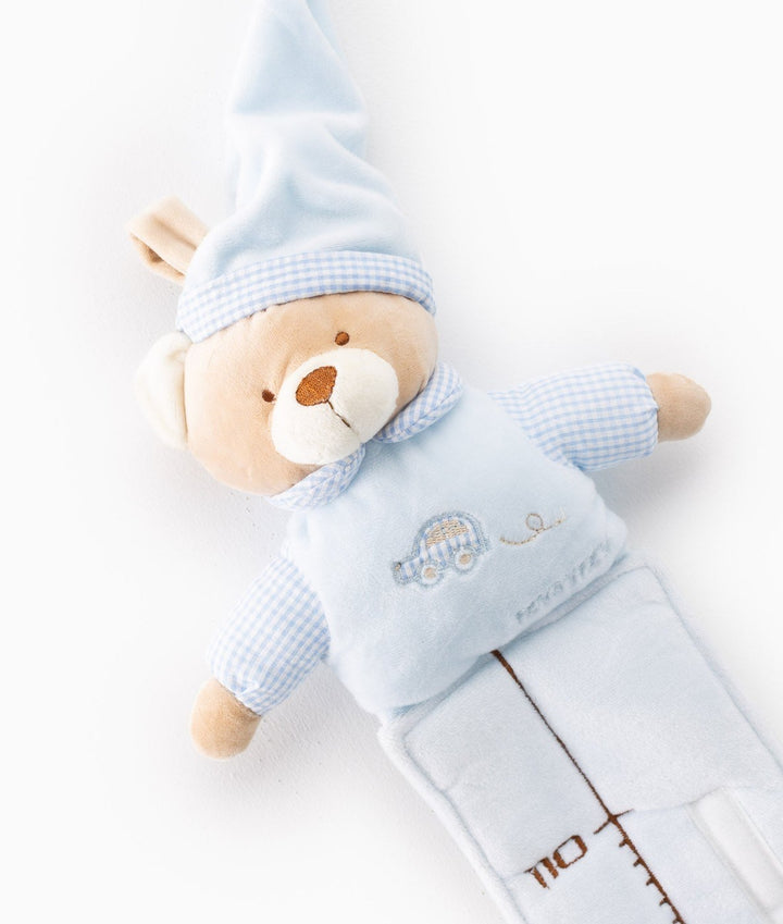 Bear head detail on light blue growth chart with gingham hat trim and train vest