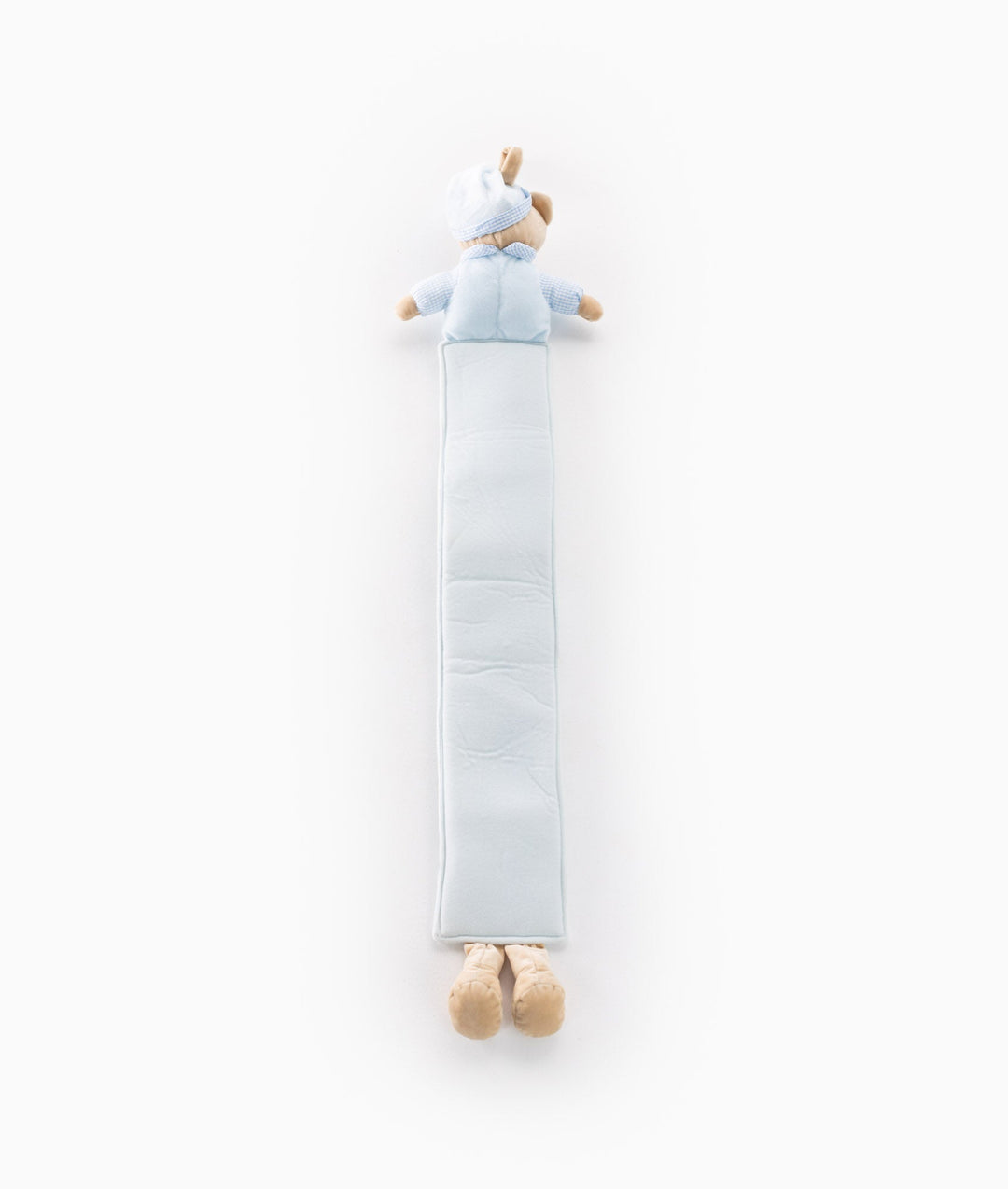 Back view of light blue plush baby growth chart showing plain body and checkered sleeves