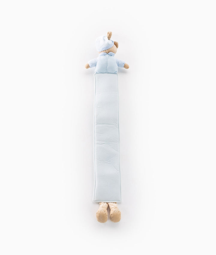 Back view of light blue plush baby growth chart showing plain body and checkered sleeves