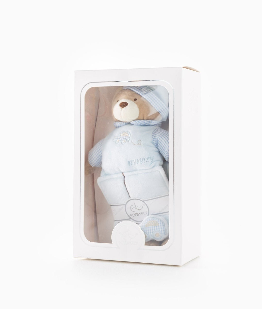 Blue bear growth chart in white retail box with clear window and branded paper band