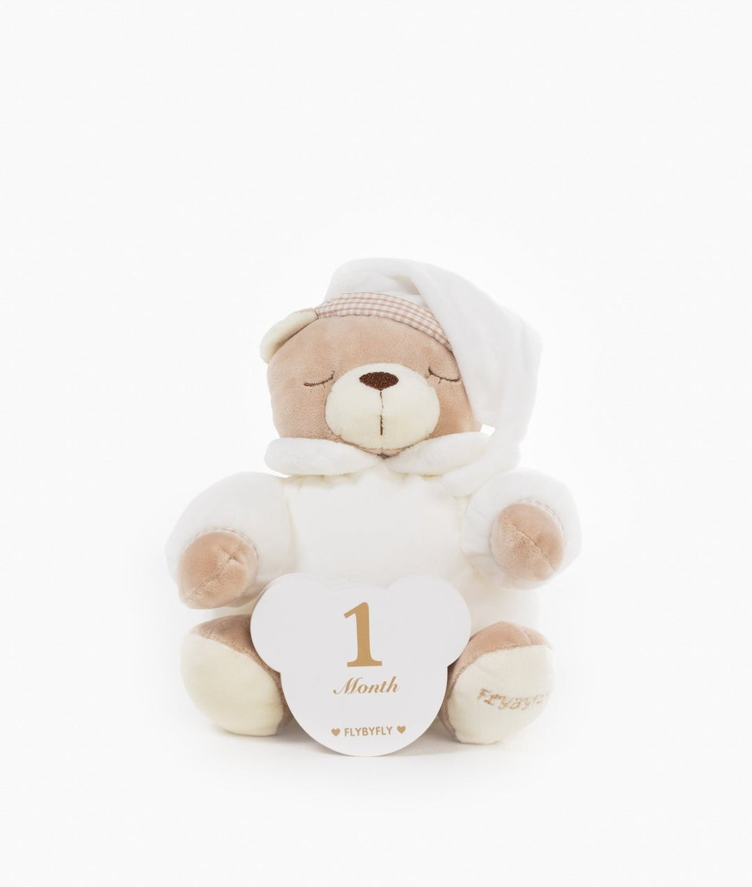 Sleeping beige teddy bear holding white 1 Month cloud card with FLYBYFLY logo