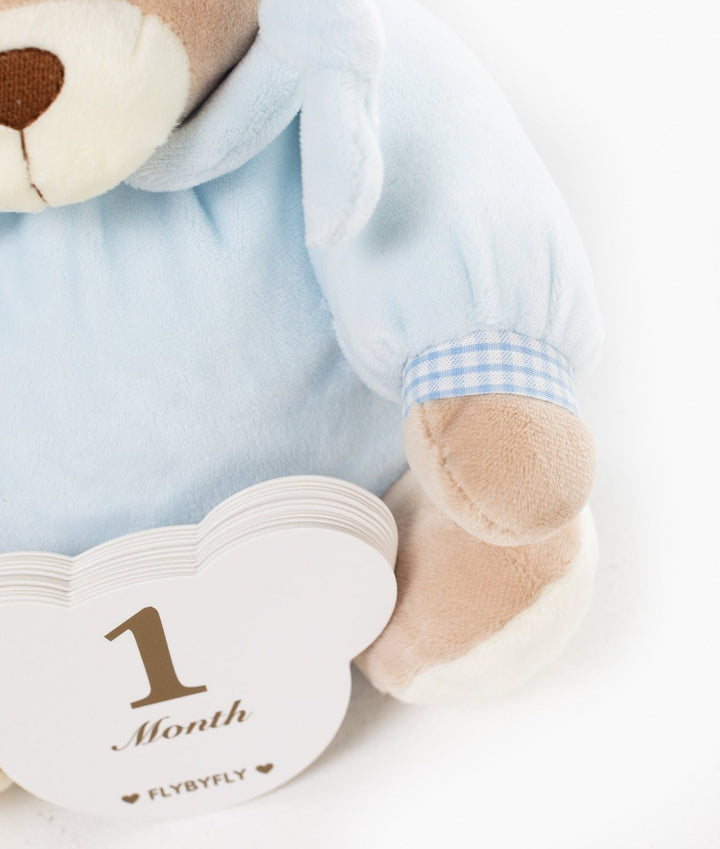 Close-up of blue onesie sleeve texture next to '1 Month' milestone cards