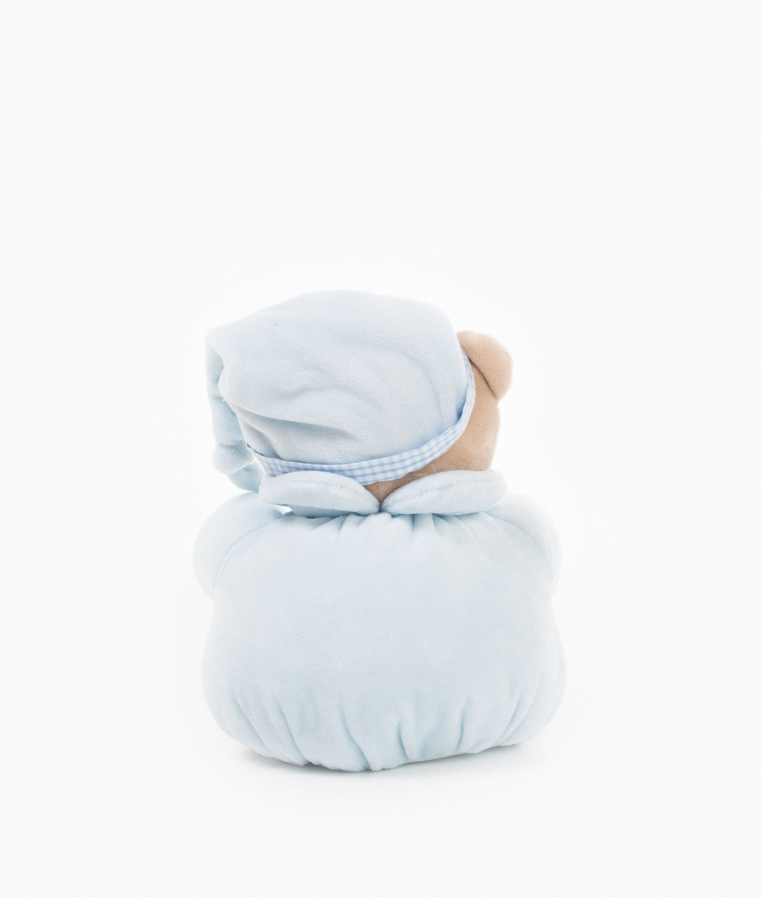Back view of blue teddy bear showing gathered hood fabric and gingham trim
