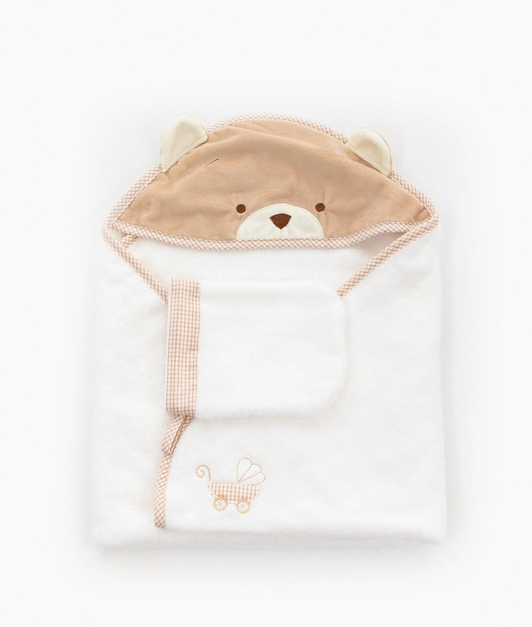 Beige and white hooded baby towel with bear face and attached wash mitt