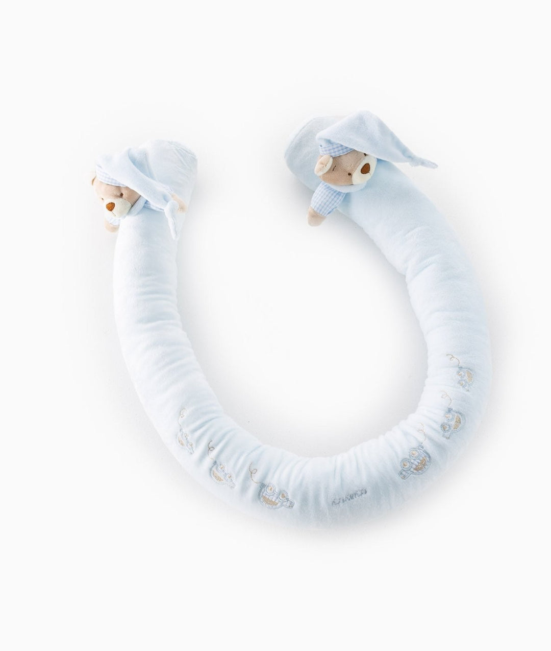 Blue baby bear bolster with two nightcap heads and embroidered owls in U-shape