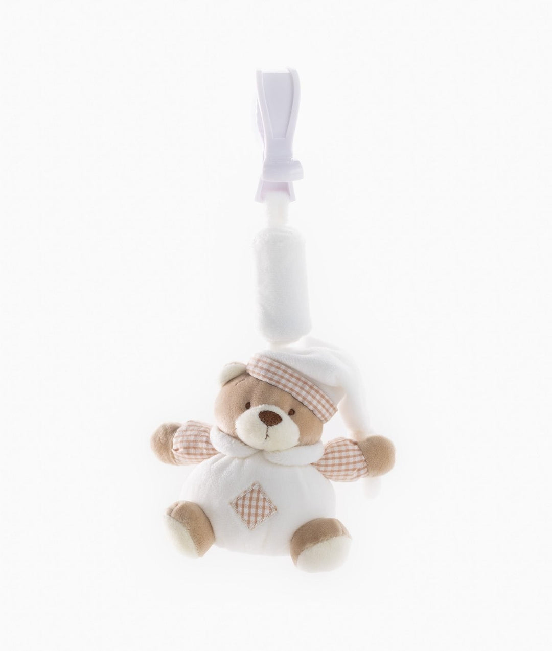 Beige and white plush bear clip on toy with pink gingham nightcap