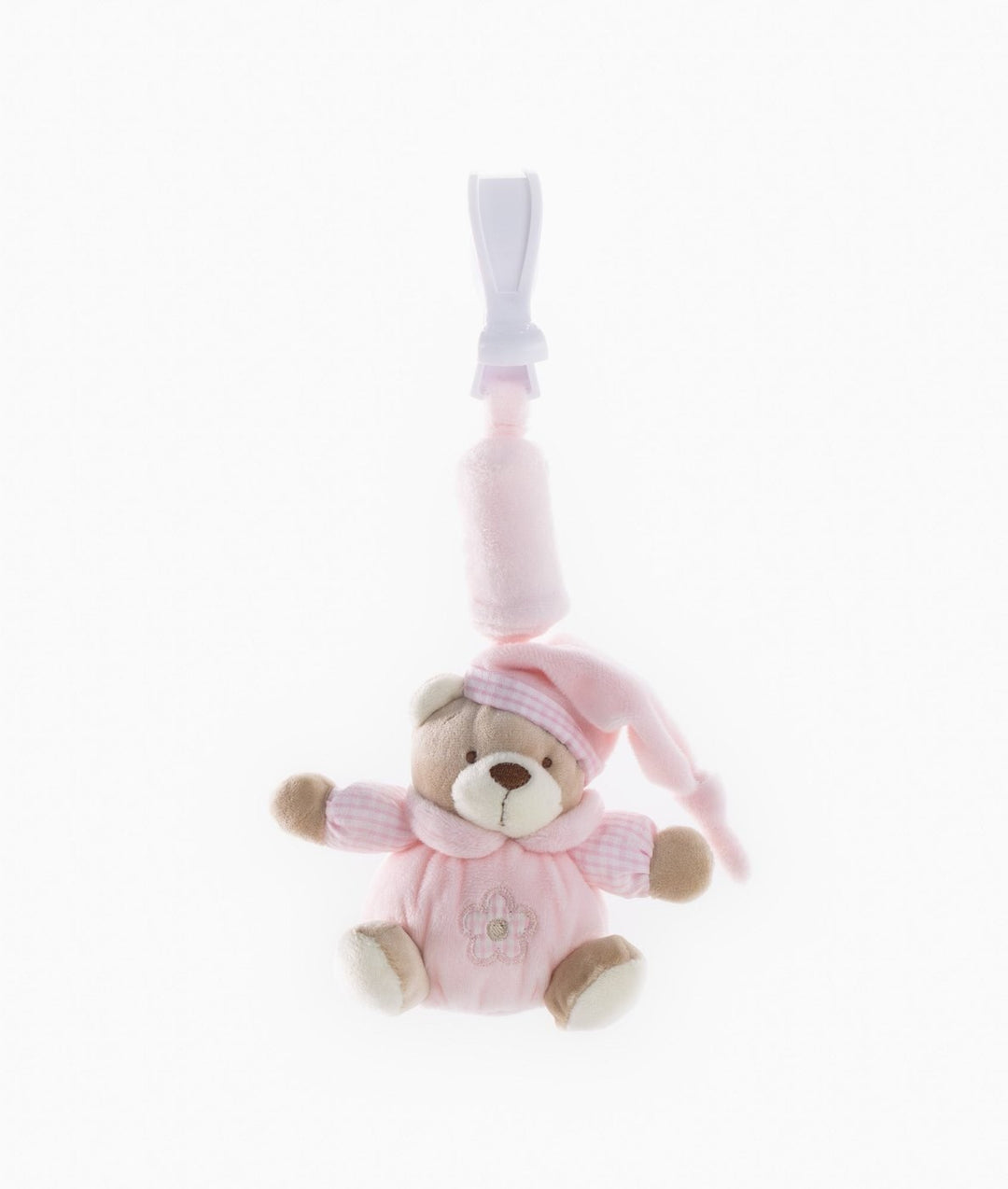Front detail of pink bear activity toy with floral embroidery design