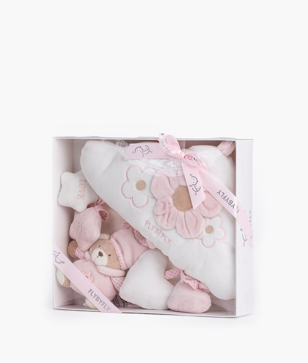 Pink bear and cloud activity toy set in white gift box with branded pink ribbon