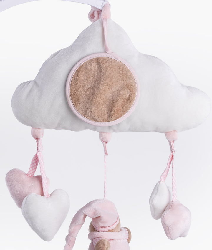 Back view of white plush cloud activity toy with pink trim mirror and hanging hearts