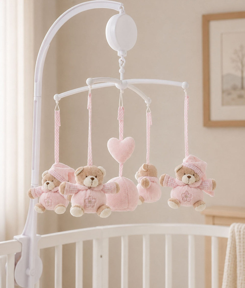 Pink bear musical mobile for baby cot
