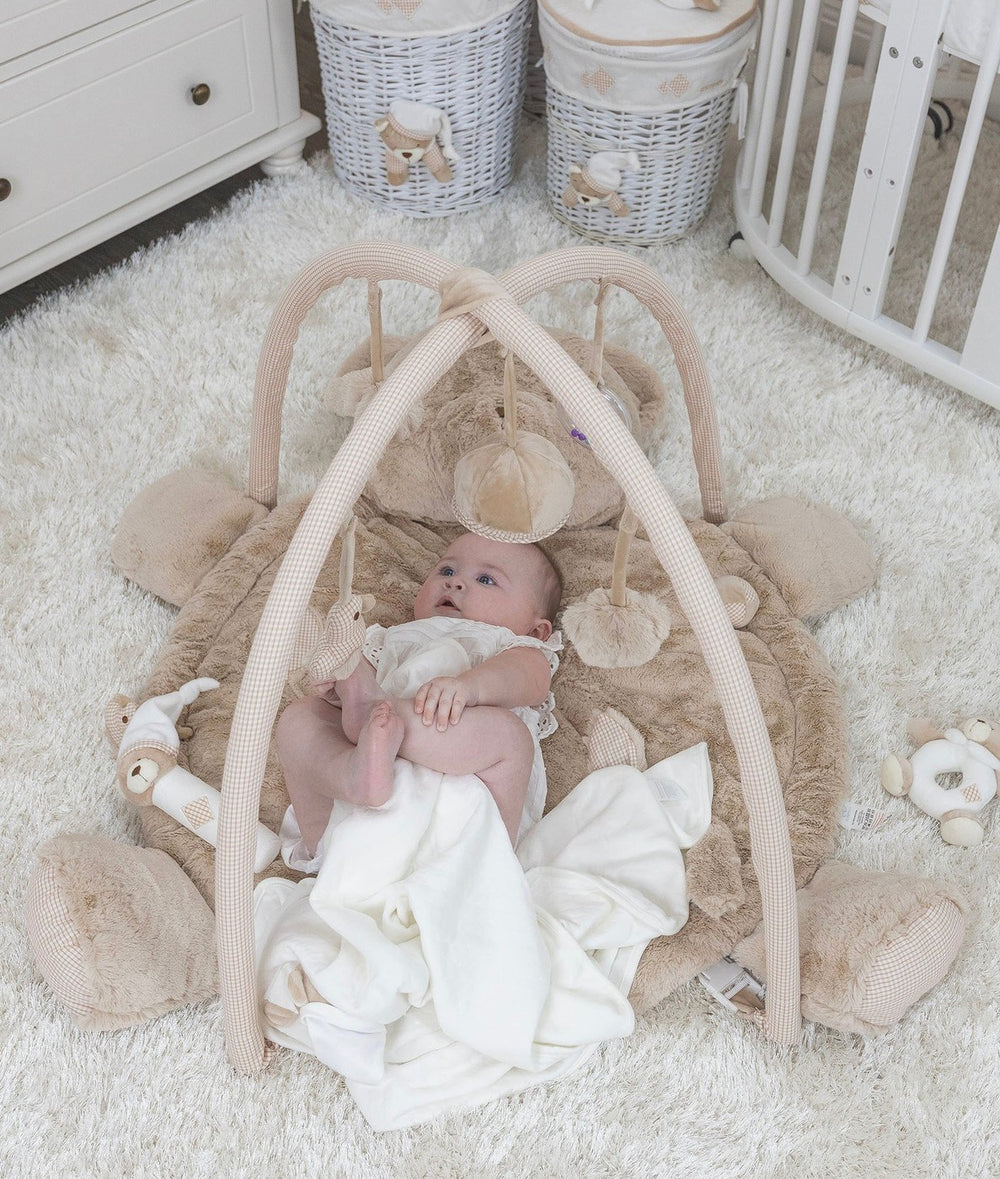 Beige bear shaped playmat with gingham arch bars supporting a baby on a white shag nursery rug