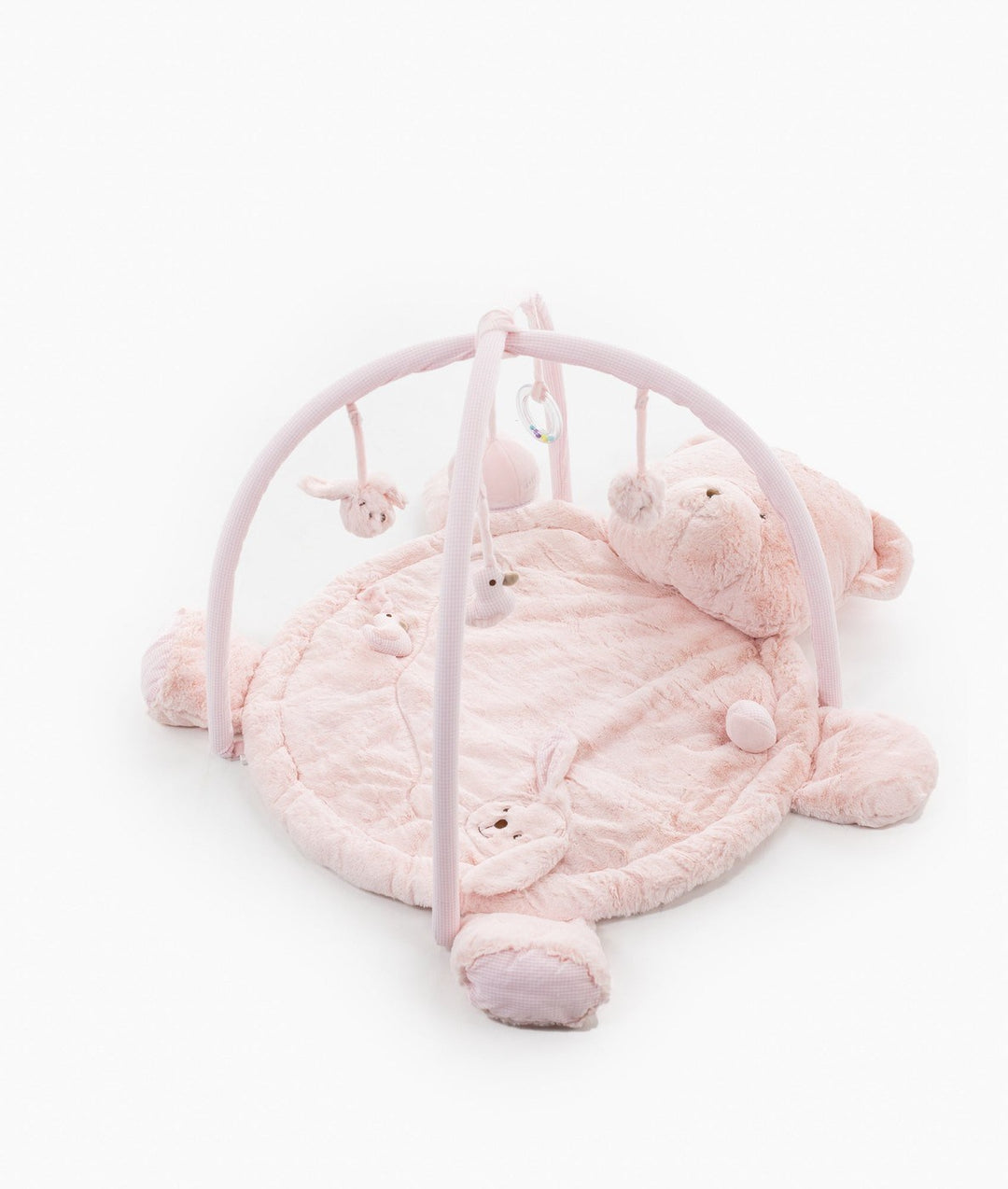 Pink bear playmat gym with plush quilted base, teddy head pillow, and hanging sensory toys