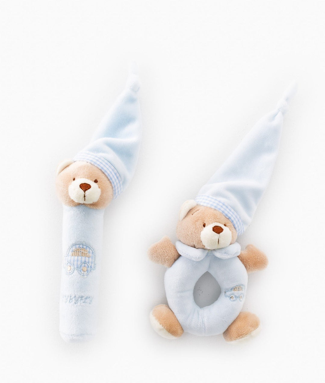Front view of light blue plush bear rattle and squeaker with gingham hats