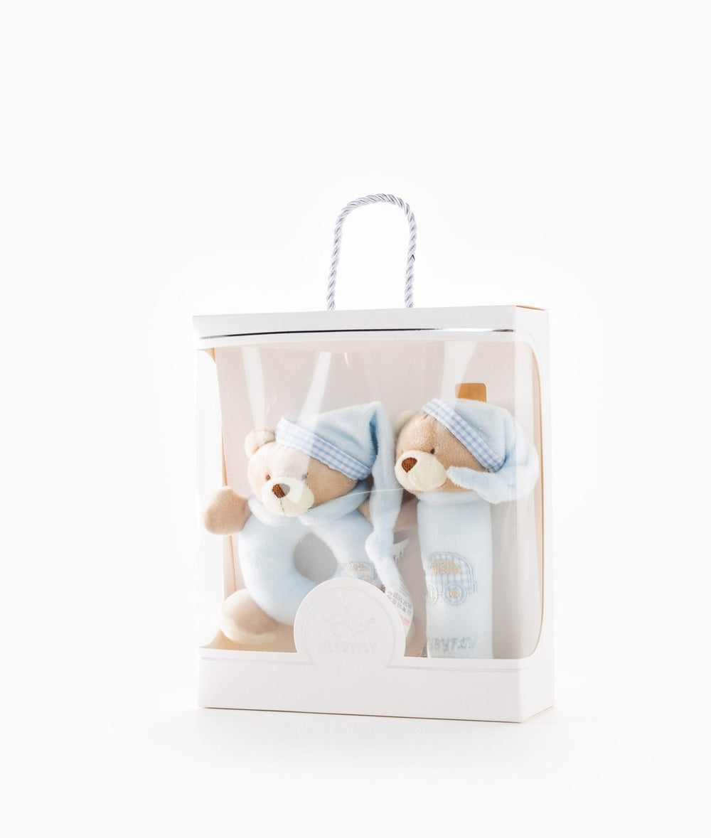 FLYBYFLY blue bear squeaker and rattle set in white gift box with rope handle