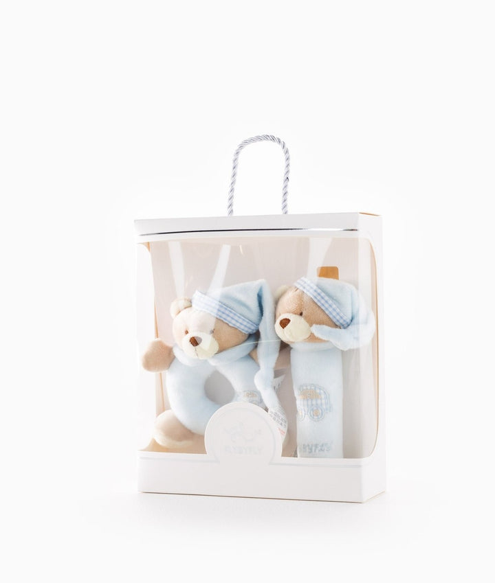 FLYBYFLY blue bear squeaker and rattle set in white gift box with rope handle