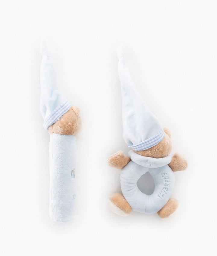 Back view of blue bear rattle showing hollow ring design and soft plush construction
