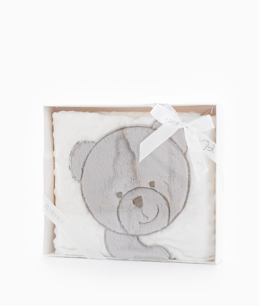 Flybyfly gift box containing grey and white bubble baby blanket