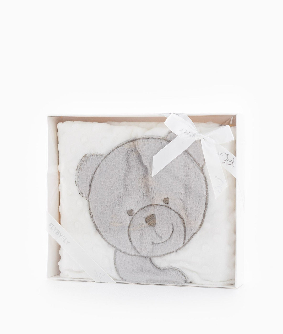 Flybyfly gift box containing grey and white bubble baby blanket