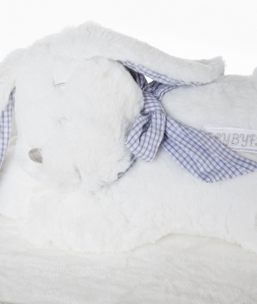 Close-up of white fluffy bunny face on laundry basket lid with grey embroidered eyes and gingham ribbon