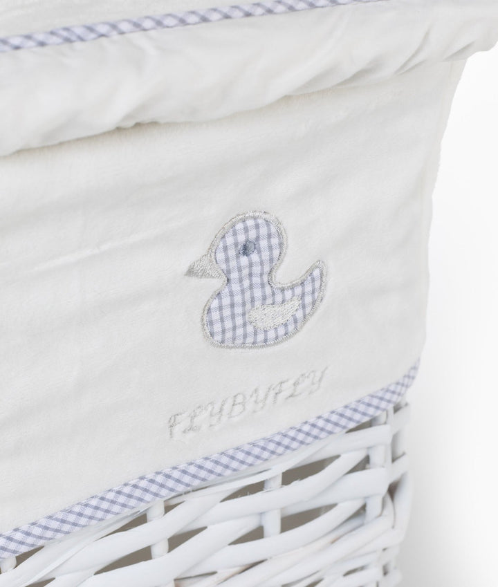 Blue gingham duck patch detail on cream fabric liner with FLYBYFLY embroidery and checkered trim