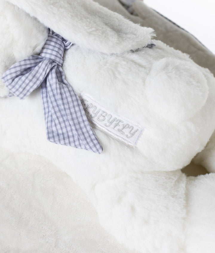 Grey and white gingham bow tie on plush bunny lid of wicker laundry basket with embroidered FLYBYFLY label