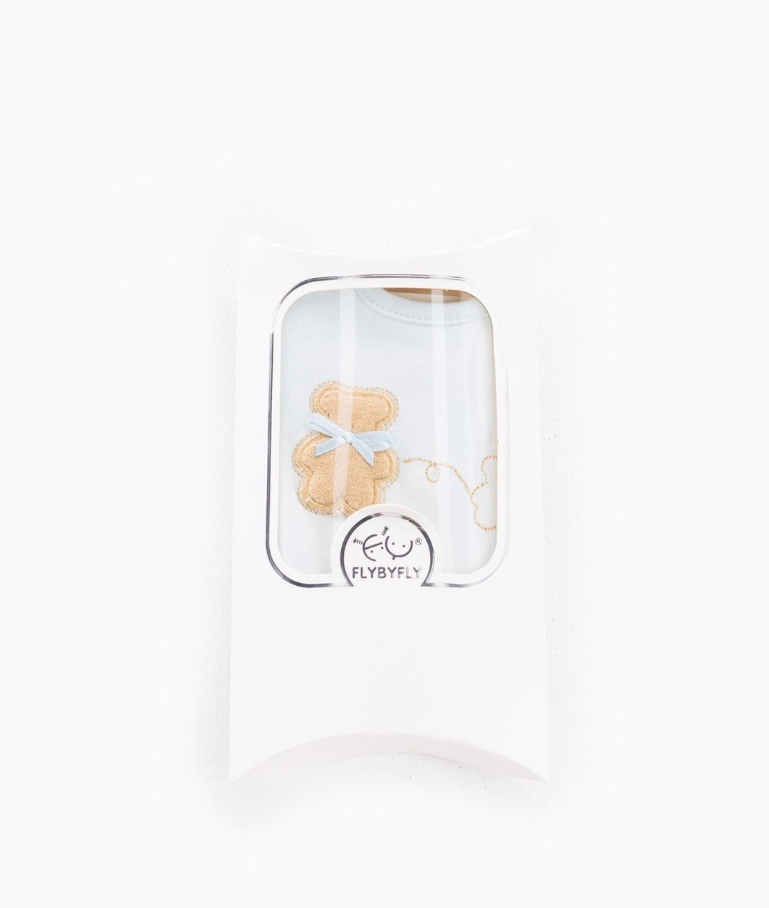 Blue baby bib in white pillow box packaging with FLYBYFLY logo sticker