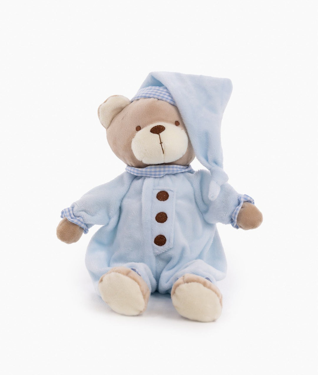 Blue teddy bear wearing nightcap hood and pajama suit with button accents