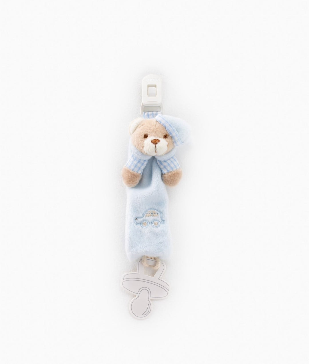 Blue fuzzy pacifier holder featuring embroidered bear face and small blue car detail