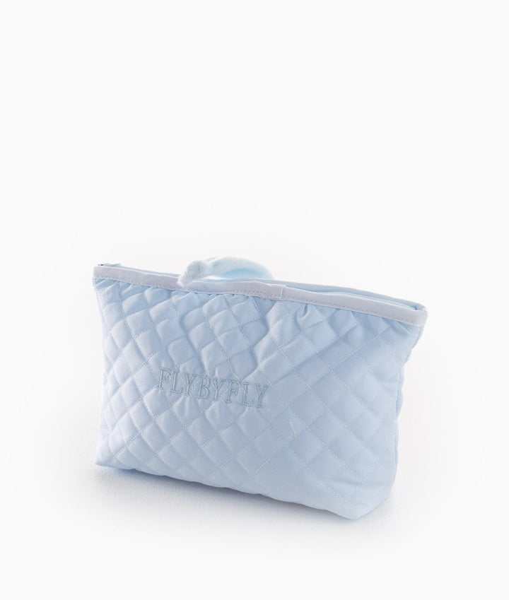 Light blue quilted cotton baby pouch with embroidered FLYBYFLY logo and white zipper trim