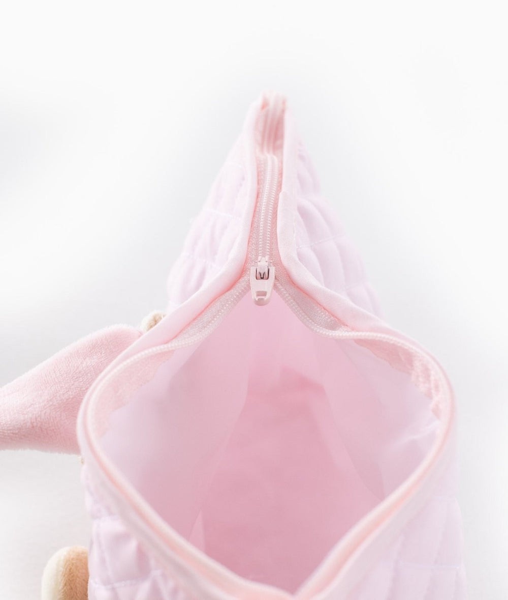 Open pink PEVA water-resistant lining inside baby essentials pouch