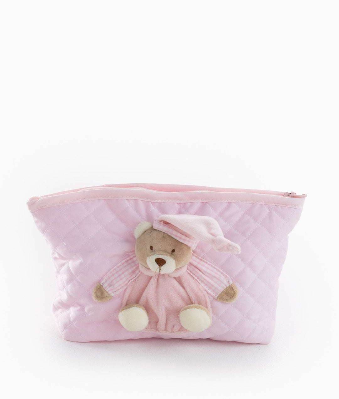 Closed pink nappy bag with full diamond quilted pattern and bear design