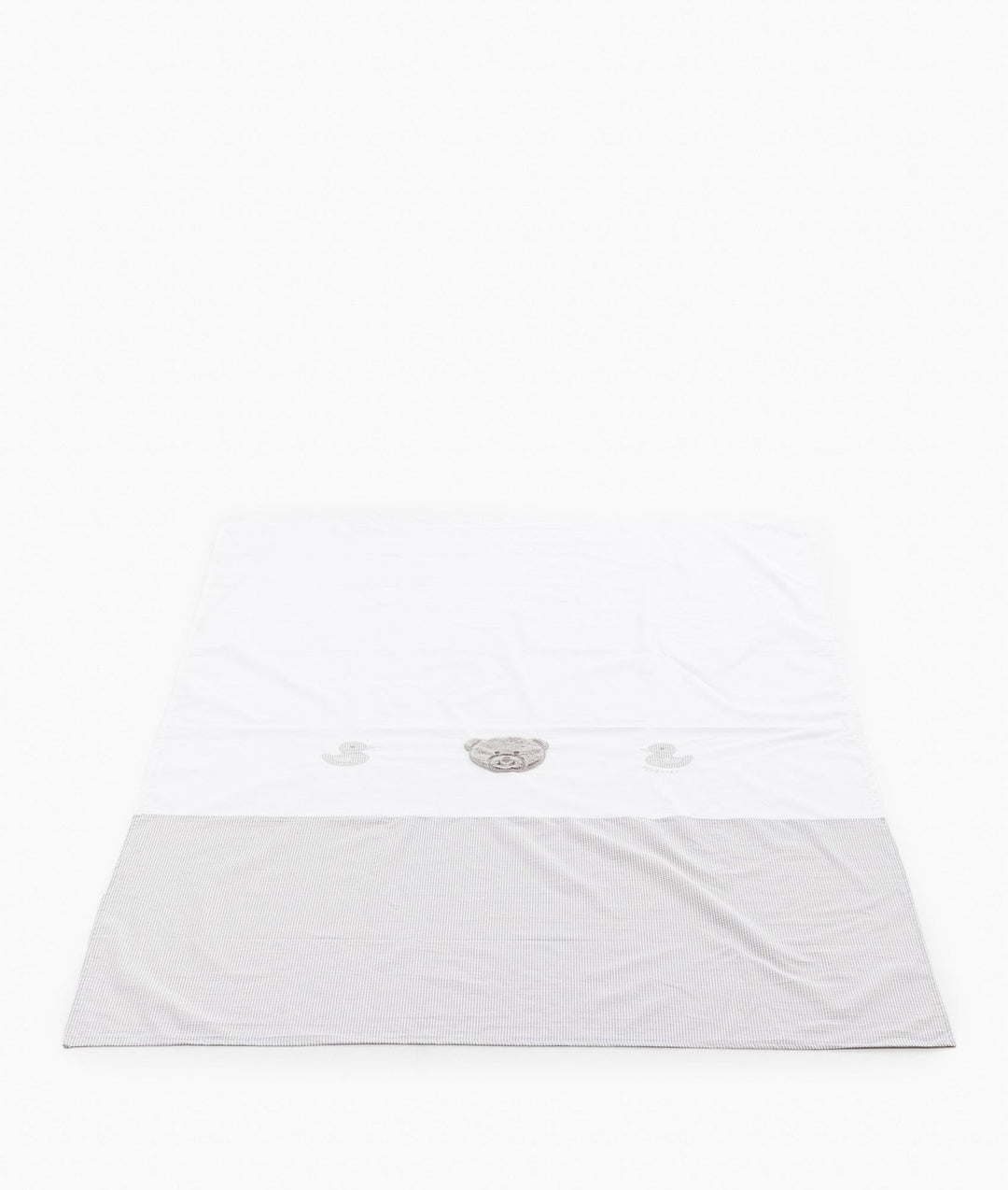 White cotton flat sheet with grey gingham border and central plush teddy bear design