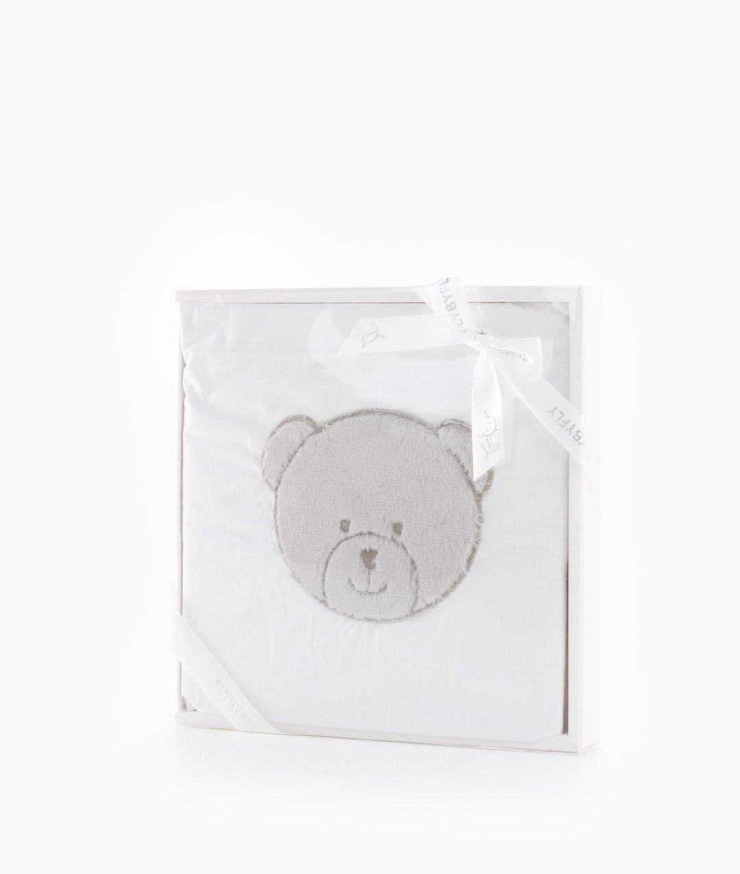 White cotton flat sheet in gift box with grey plush bear embroidery and ribbon