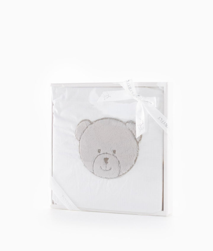 White cotton flat sheet in gift box with grey plush bear embroidery and ribbon